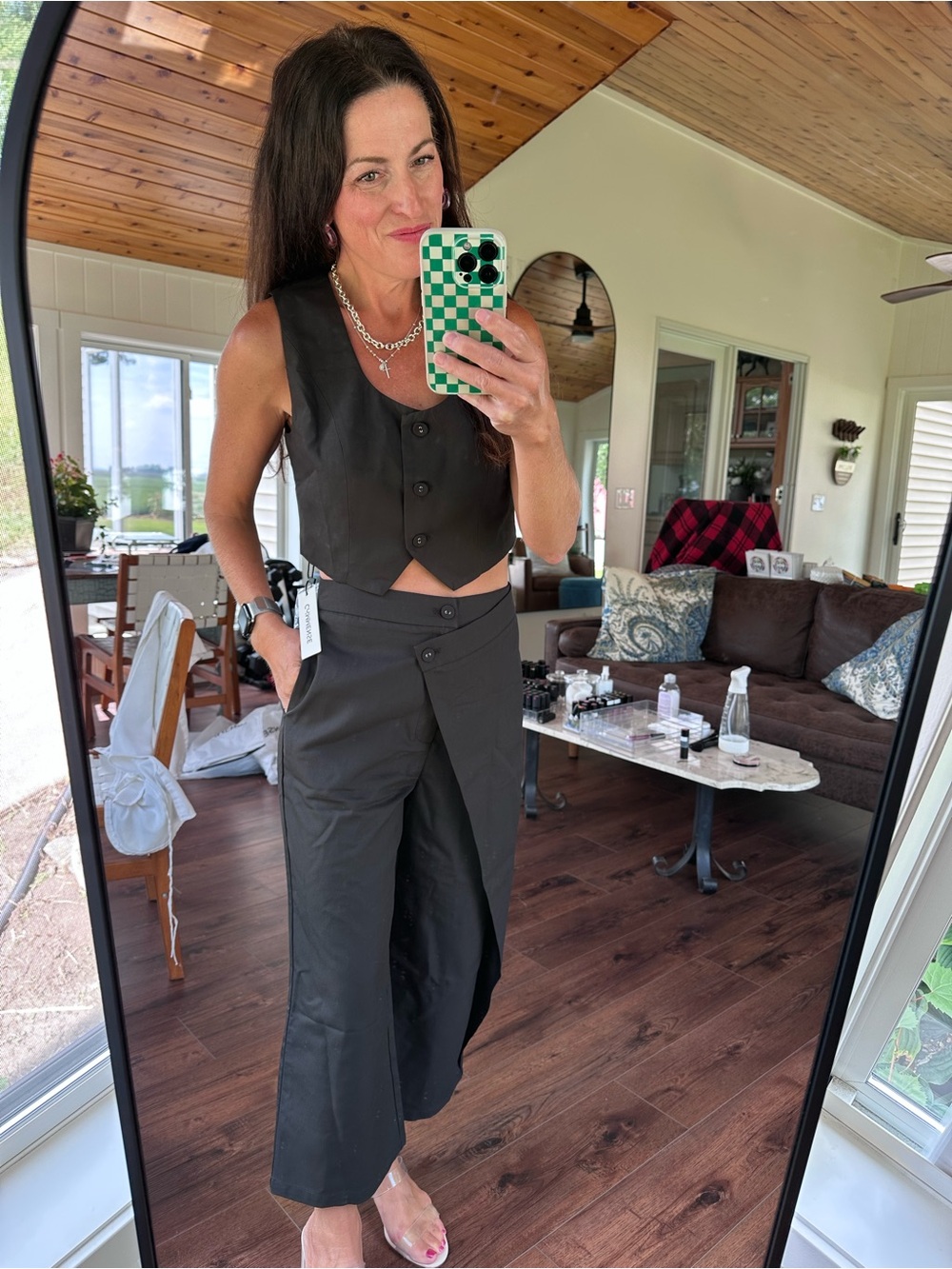 Commense Sleeveless Crop Vest & Wide-Leg Pants Set - Black - Picture 2 of 3